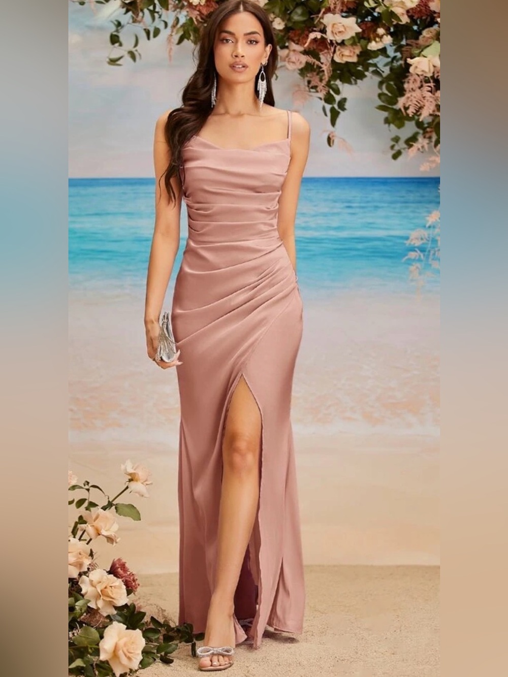 SHEIN Rose Blush Satin Maxi Dress with Side Slit